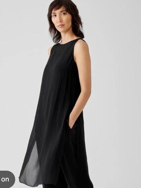 Eileen Fisher Sheer 100% Silk Georgette Bateau Neck Top in Black Size XL